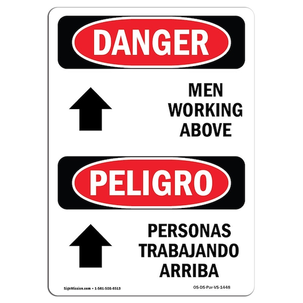 Safety Sign, OSHA Danger, 24" Height, Aluminum, Men Working Above Bilingual Spanish